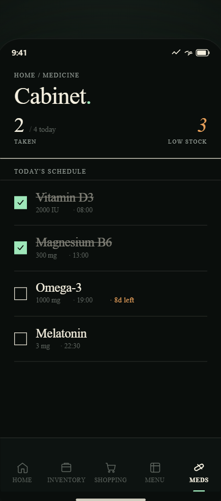 Expireless medicine cabinet screen showing medications sorted by expiry date with patient name assignments and reminder indicators